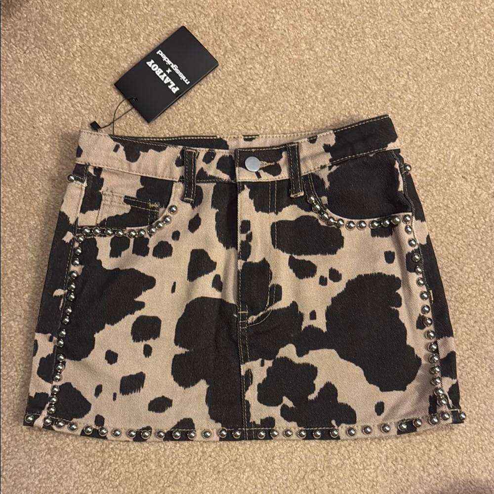 Missguided Black and Tan Cow Print Studded Skirt
